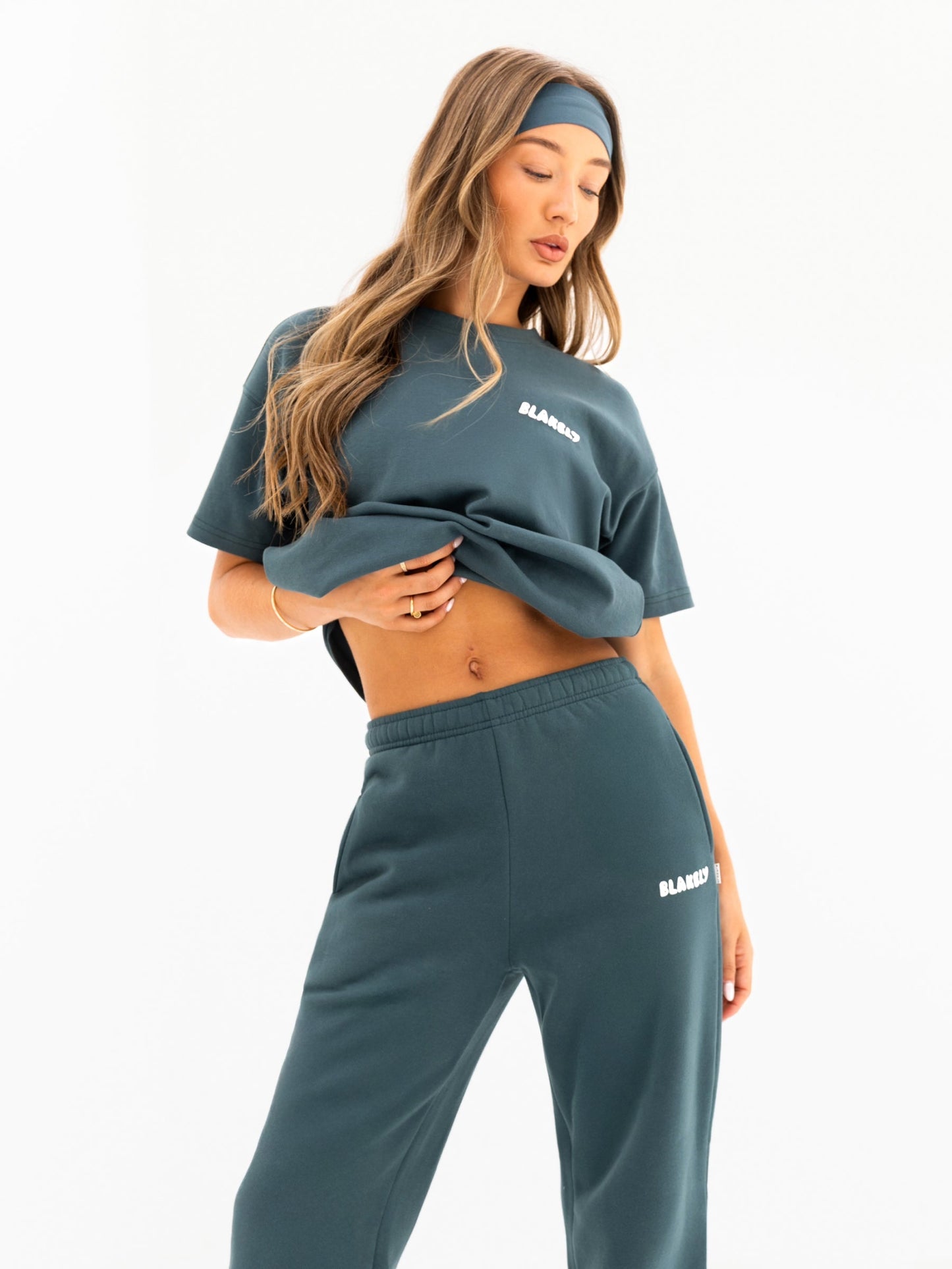 Cloud Print Wide Leg Sweatpants - Teal Green
