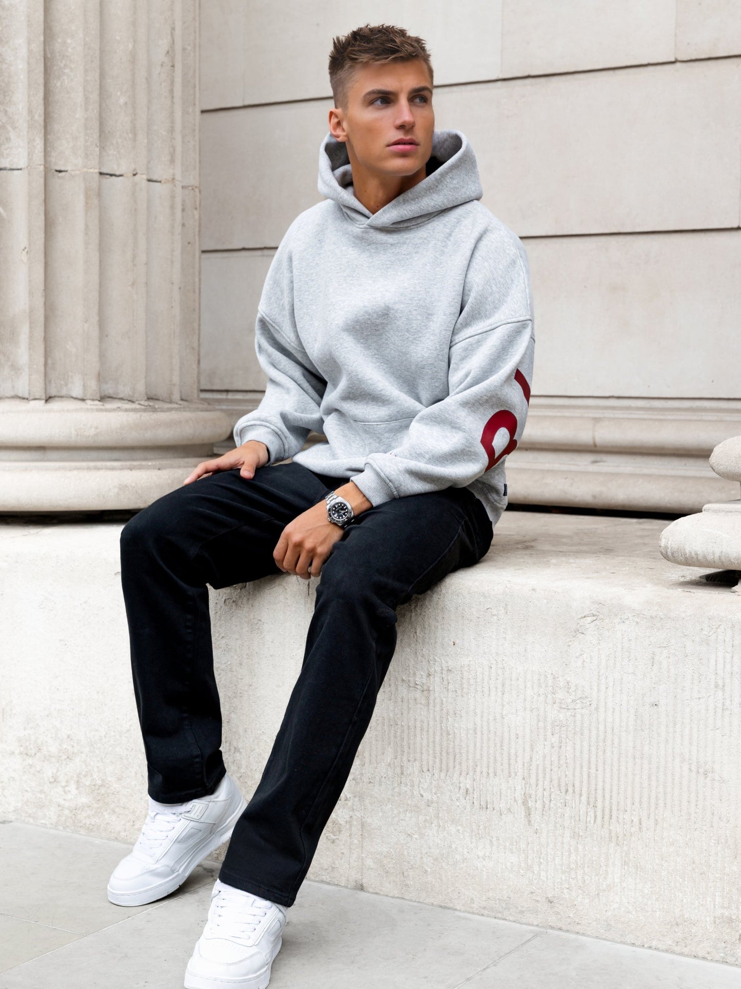Idris Oversized Hoodie - Marl Grey & Red