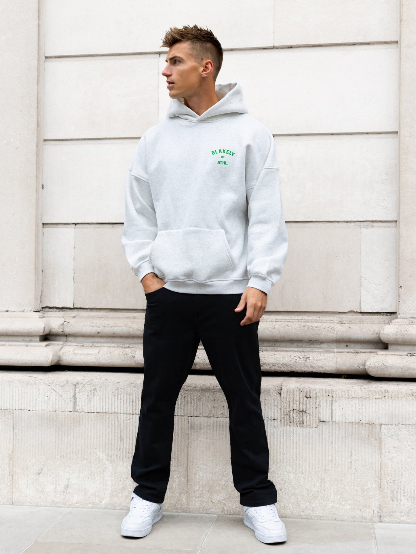 Niko Relaxed Hoodie - Marl White & Bold Green