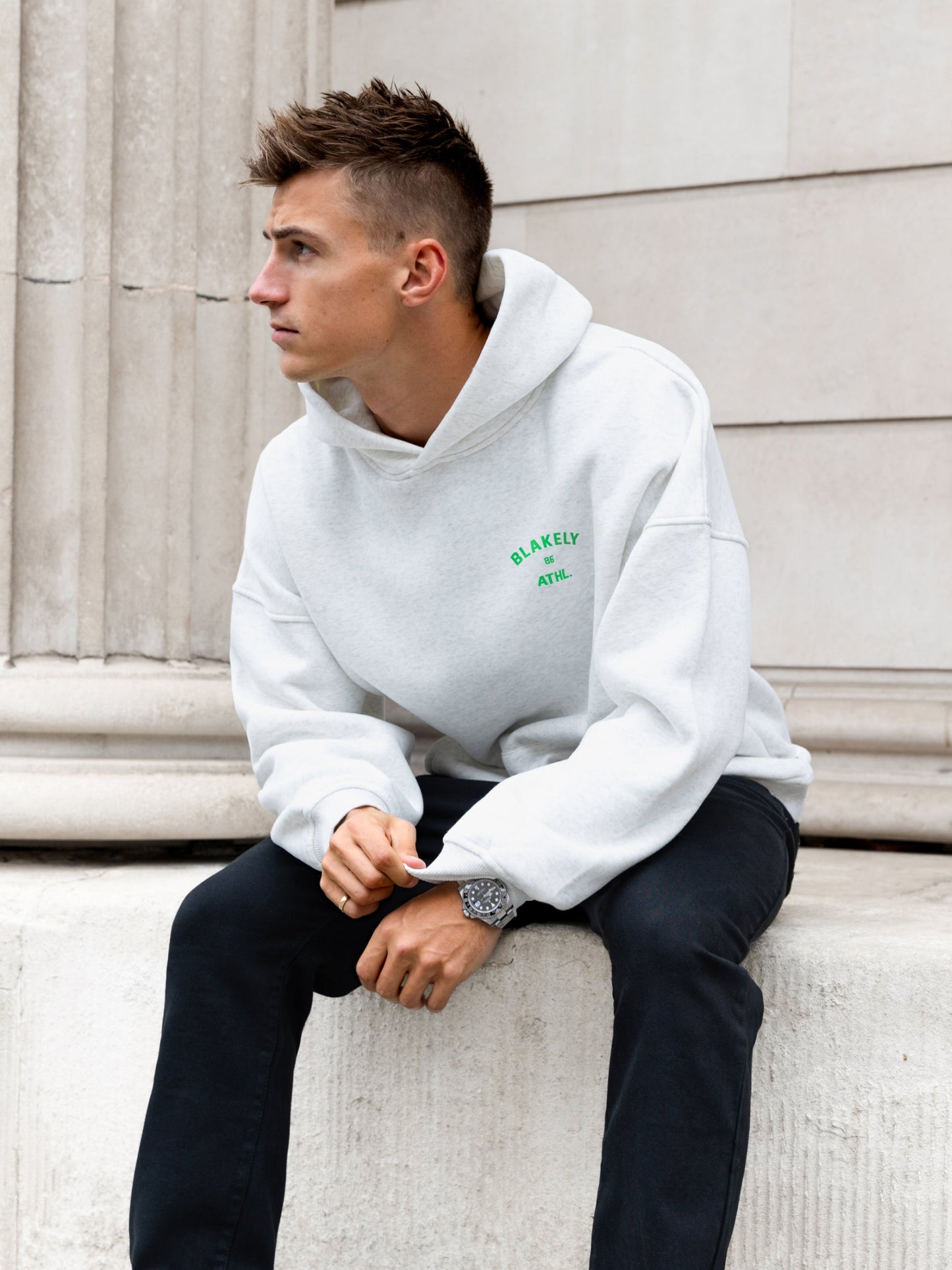 Niko Relaxed Hoodie - Marl White & Bold Green