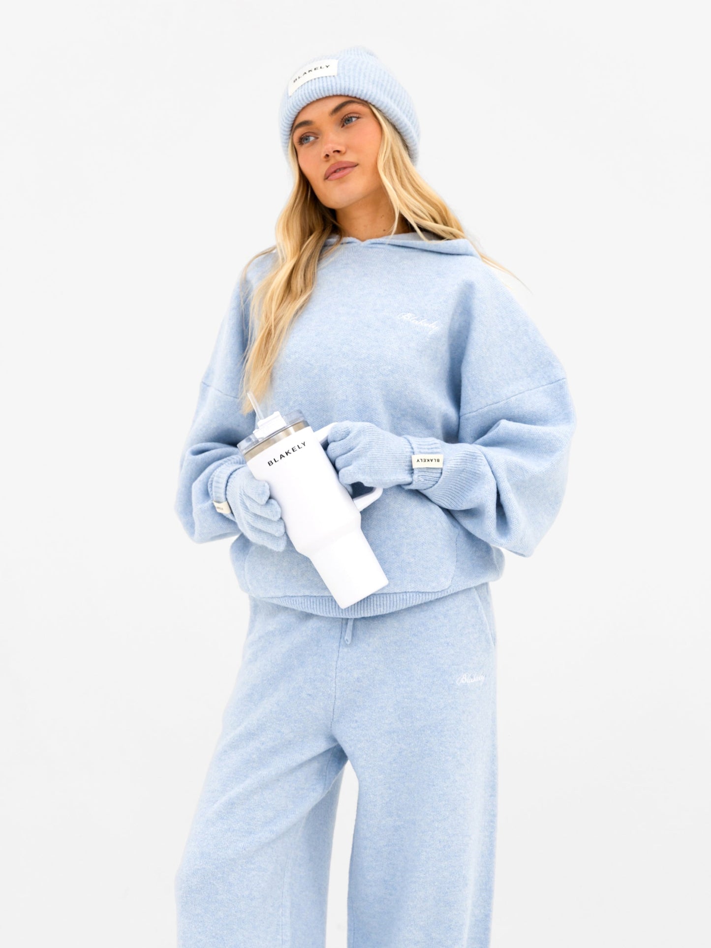 Knitted Wide Leg Sweatpants - Baby Blue