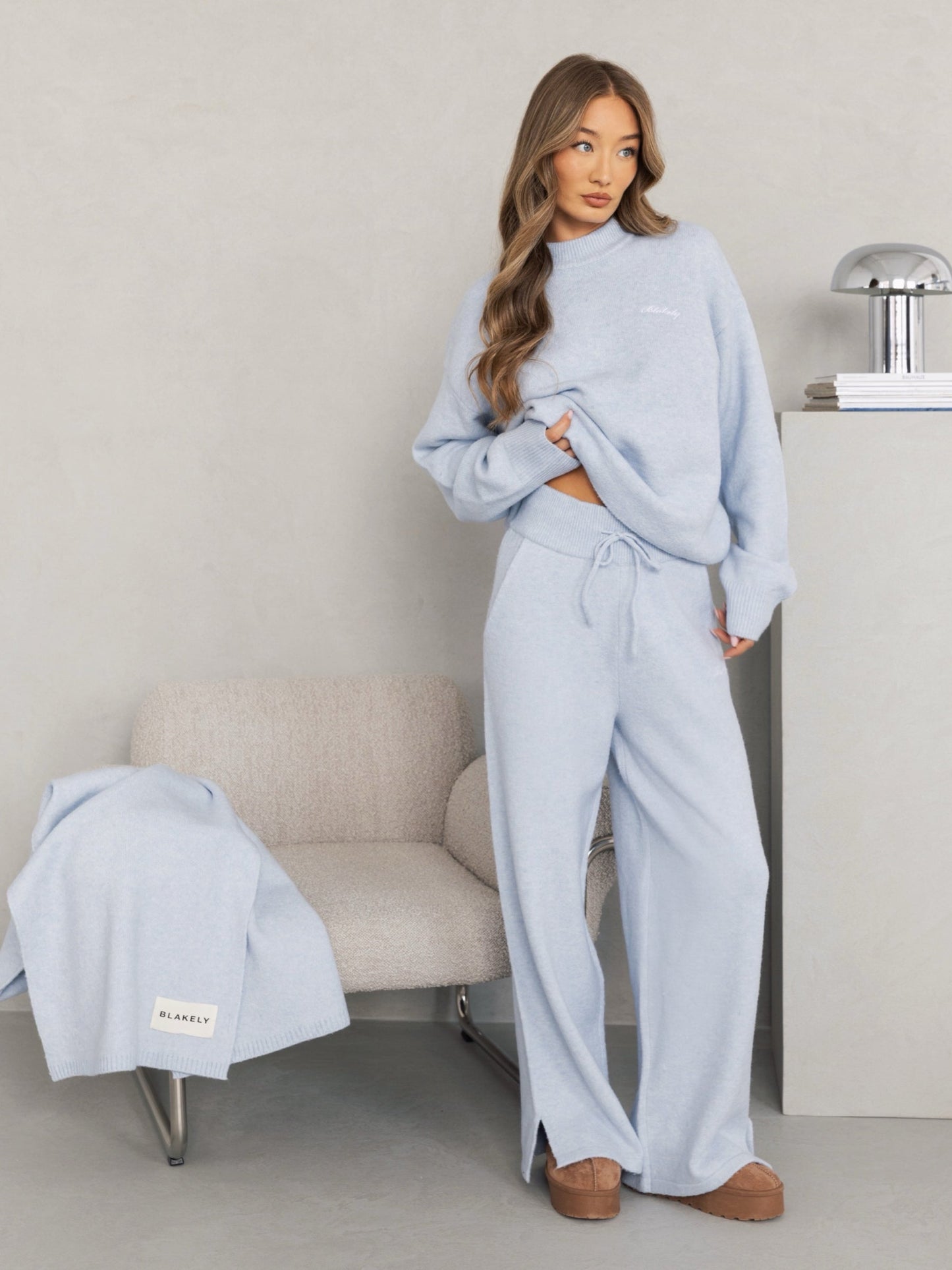 Knitted Wide Leg Sweatpants - Baby Blue