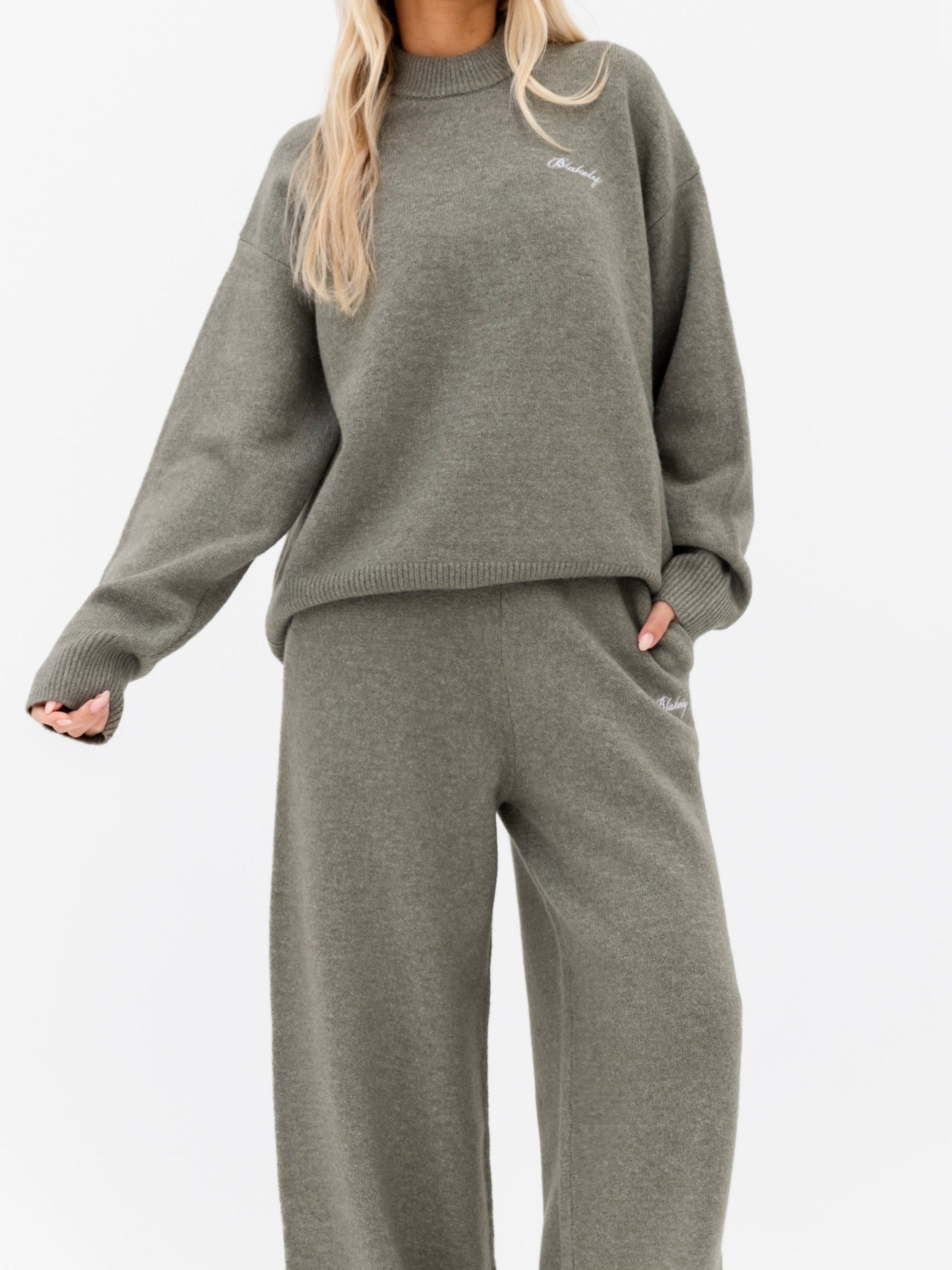 Knitted Wide Leg Sweatpants - Safari Green