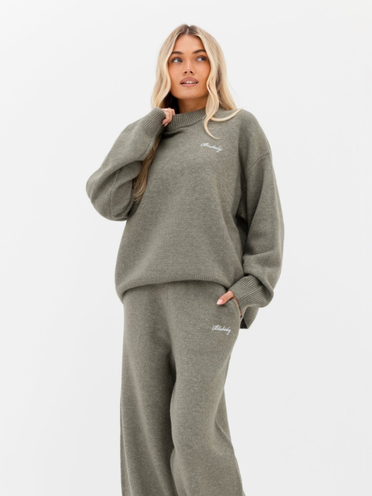 Knitted Wide Leg Sweatpants - Safari Green