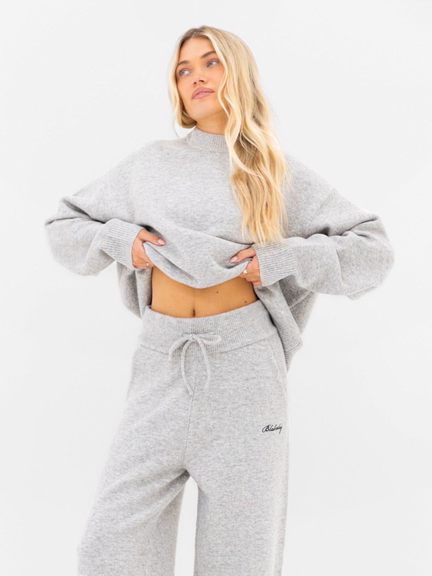 Knitted Wide Leg Sweatpants - Marl Grey