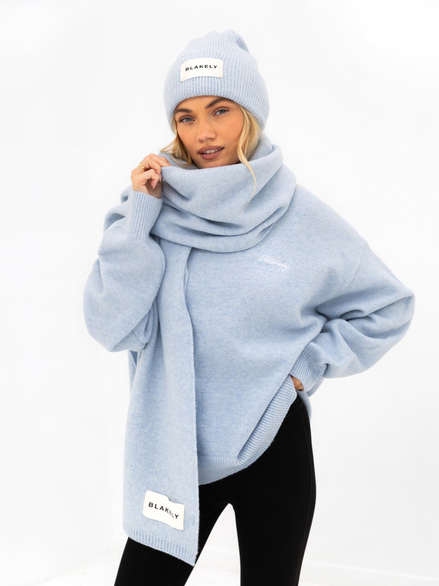 Label Knitted Scarf - Baby Blue