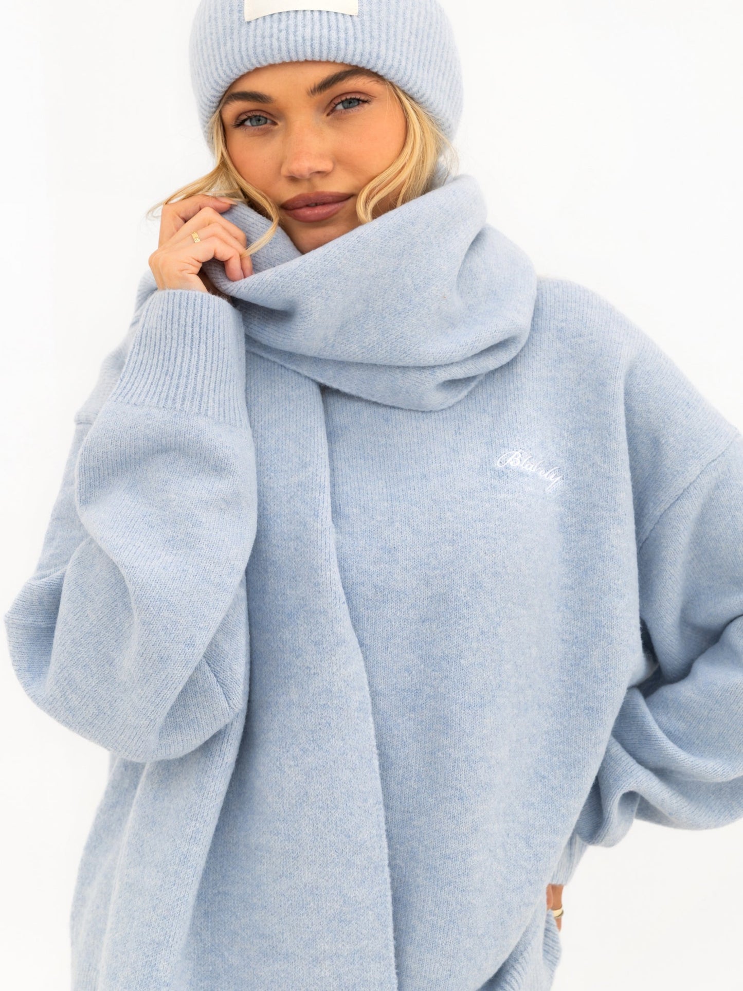 Label Knitted Scarf - Baby Blue